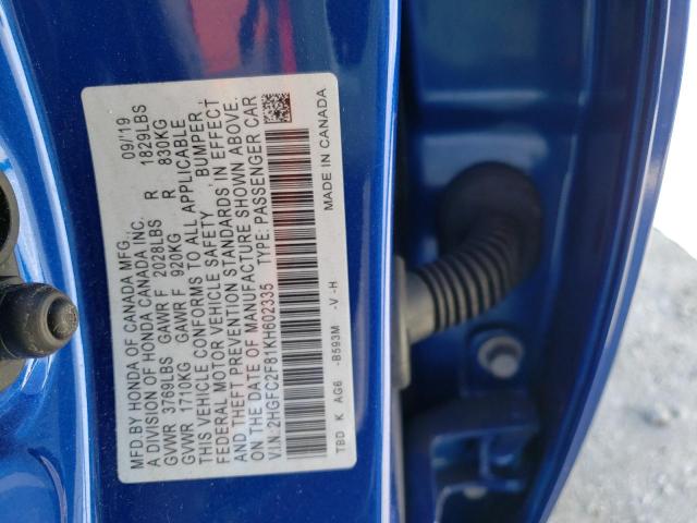 2HGFC2F81KH602335 - 2019 HONDA CIVIC SPOR BLUE photo 10