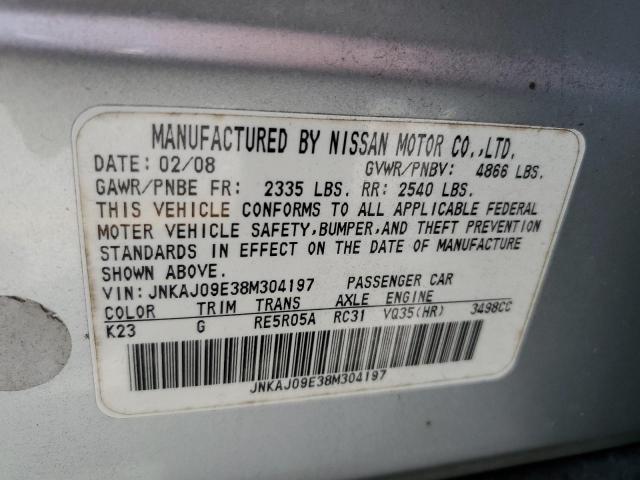 JNKAJ09E38M304197 - 2008 INFINITI EX35 BASE SILVER photo 10