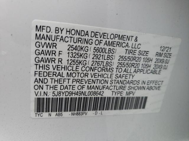 5J8YD9H49NL008642 - 2022 ACURA MDX TECHNOLOGY  photo 10