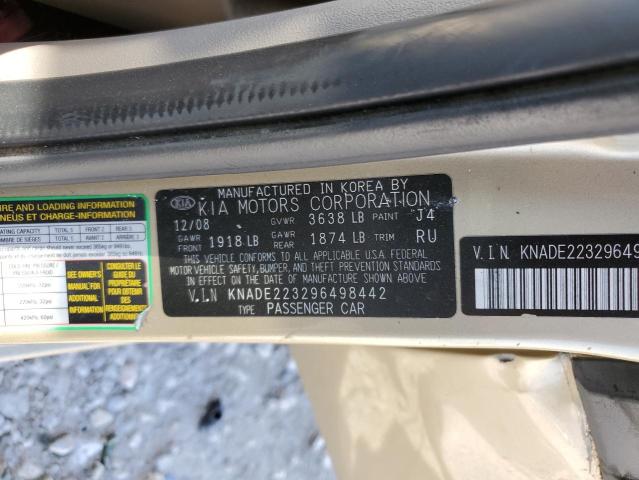 KNADE223296498442 - 2009 KIA RIO BASE GOLD photo 10