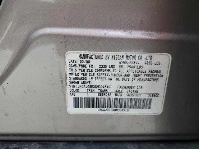 JNKAJ09EX8M304519 - 2008 INFINITI EX35 BASE BEIGE photo 10