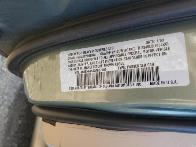 4S3BH675137637769 - 2003 SUBARU OUTBACK GREEN photo 10