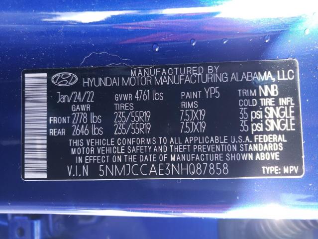 5NMJCCAE3NH087858 - 2022 HYUNDAI TUCSON SEL BLUE photo 10