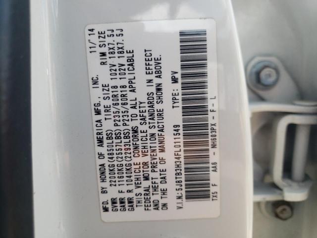 5J8TB3H34FL011549 - 2015 ACURA RDX WHITE photo 10