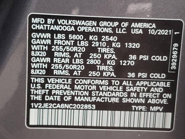 1V2JE2CA6NC202853 - 2022 VOLKSWAGEN ATLAS CROS Серый фото 10