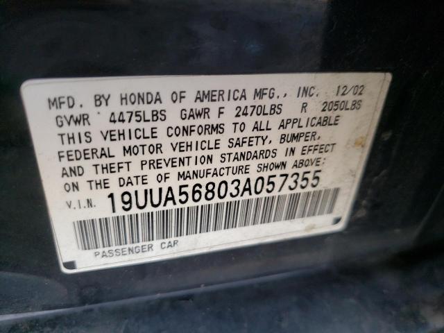 19UUA56803A057355 - 2003 ACURA 3.2TL TYPE BLACK photo 10