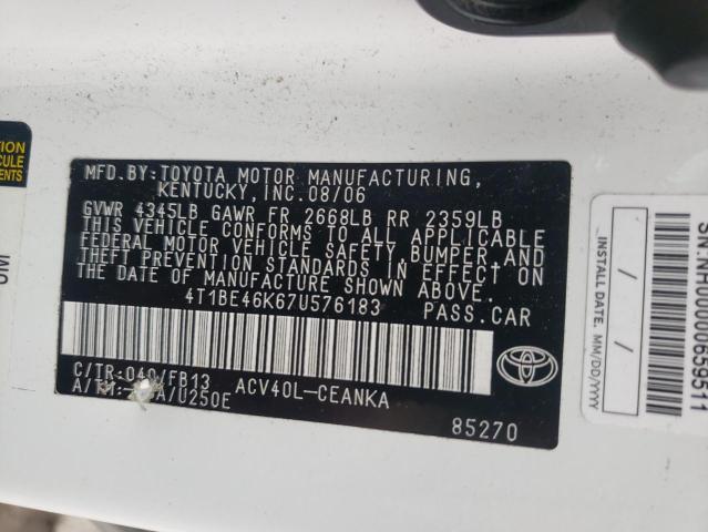 4T1BE46K67U576183 - 2007 TOYOTA CAMRY CE WHITE photo 10