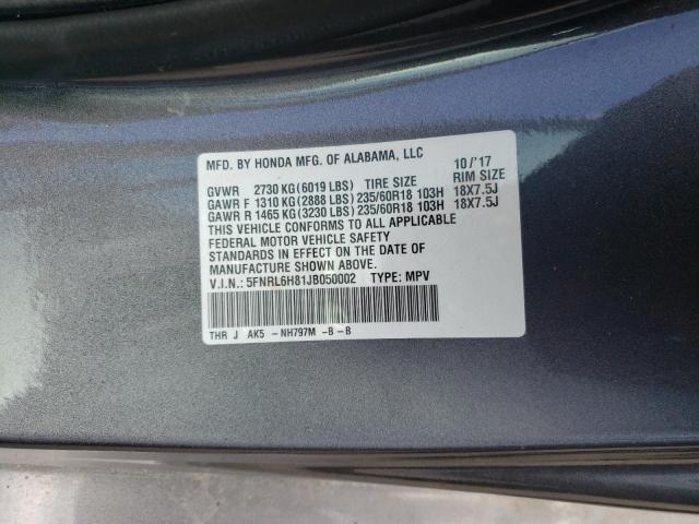 5FNRL6H81JB050002 - 2018 HONDA ODYSSEY TO GRAY photo 10