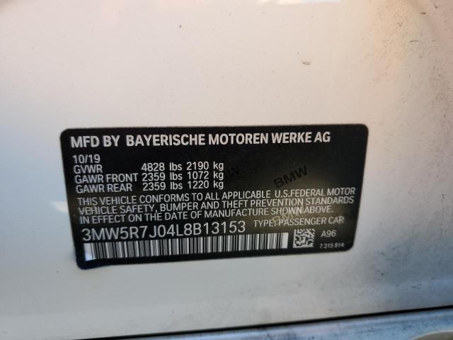 3MW5R7J04L8B13153 - 2020 BMW 330XI WHITE photo 10