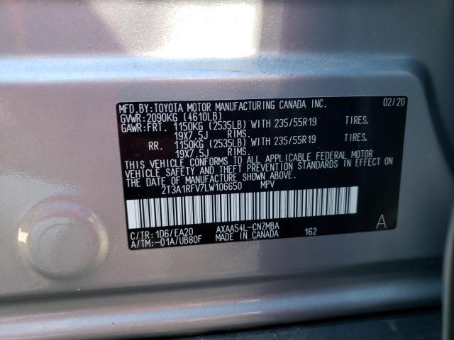 2T3A1RFV7LW106650 - 2020 TOYOTA RAV4 XLE P SILVER photo 10