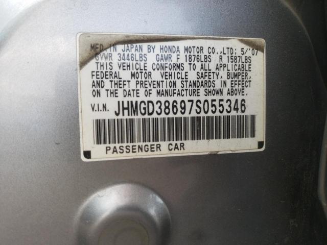 JHMGD38697S055346 - 2007 HONDA FIT S ვერცხლისფერი ფოტო 10