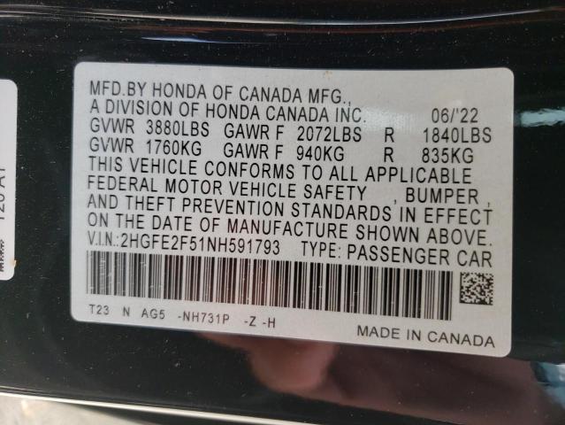 2HGFE2F51NH591793 - 2022 HONDA CIVIC SPOR BLACK photo 10