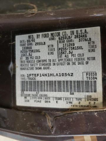 1FTEF14N1MLA10542 - 1991 FORD F-150 BROWN photo 10