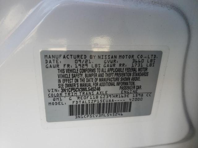 3N1CP5CV3ML545246 - 2021 NISSAN KICKS SV WHITE photo 10