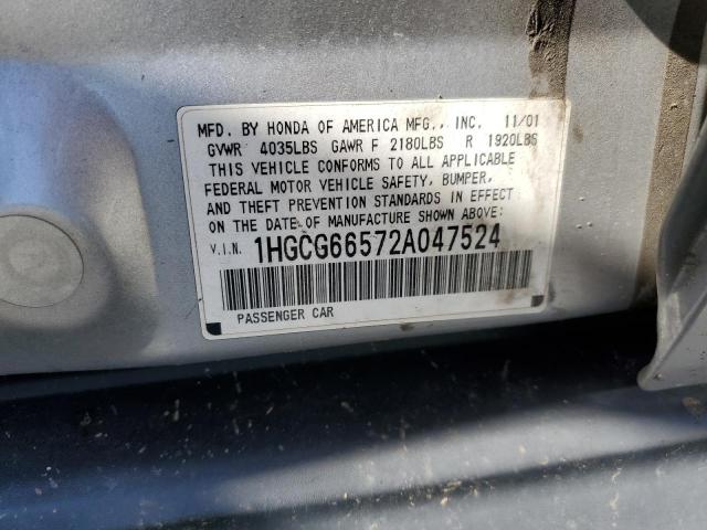 1HGCG66572A047524 - 2002 HONDA ACCORD LX SILVER photo 10