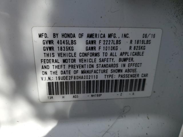 19UDE2F80HA002110 - 2017 ACURA ILX PREMIU თეთრი ფოტო 10