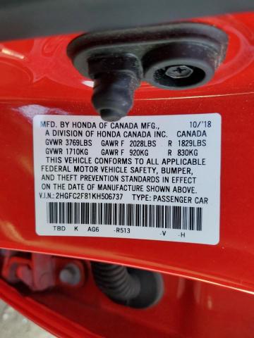 2HGFC2F81KH506737 - 2019 HONDA CIVIC SPOR RED photo 10