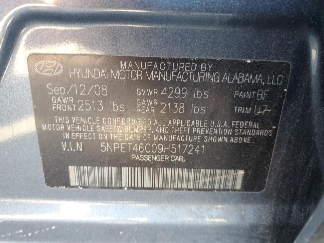 5NPET46C09H517241 - 2009 HYUNDAI SONATA GLS GRAY photo 10