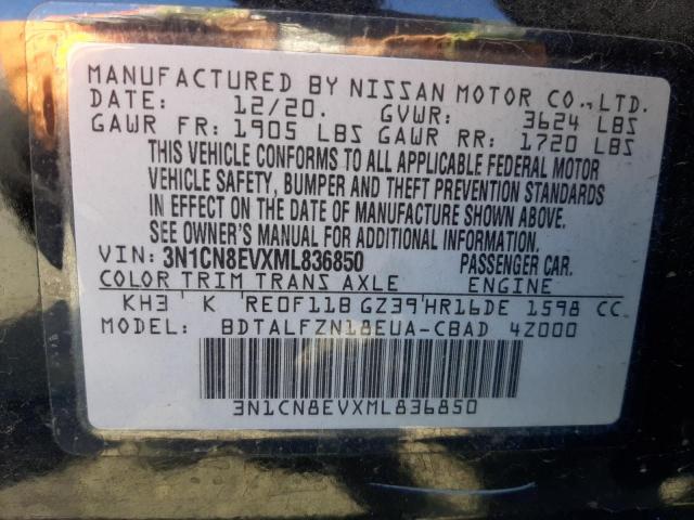 3N1CN8EVXML836850 - 2021 NISSAN VERSA SV BLACK photo 10