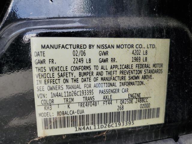 1N4AL11D26C193395 - 2006 NISSAN ALTIMA BLACK photo 10