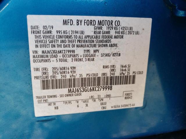 MAJ6S3GL6KC279998 - 2019 FORD ECOSPORT S BLUE photo 10