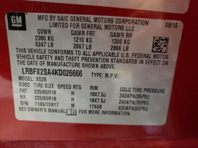 LRBFX2SA4KD026666 - 2019 BUICK ENVISION E RED photo 10