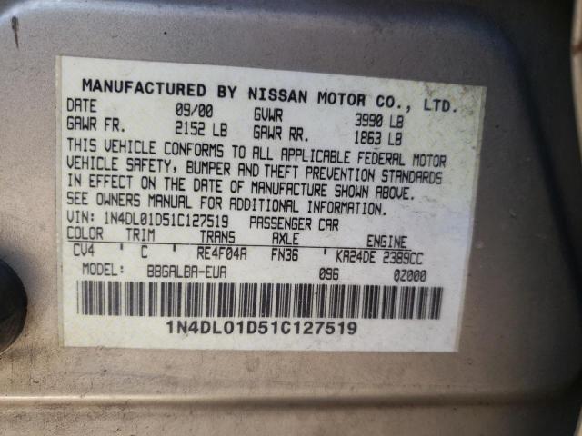 1N4DL01D51C127519 - 2001 NISSAN ALTIMA XE TAN photo 10