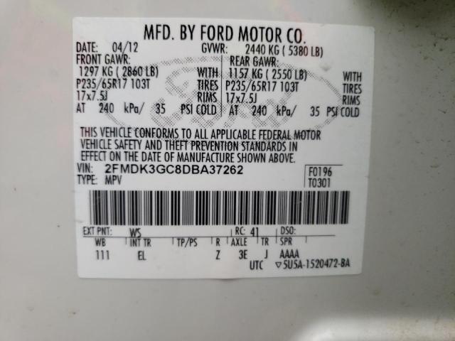 2FMDK3GC8DBA37262 - 2013 FORD EDGE WHITE photo 10