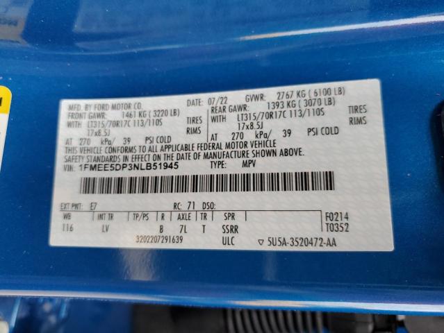 1FMEE5DP3NLB51945 - 2022 FORD BRONCO BAS BLUE photo 10