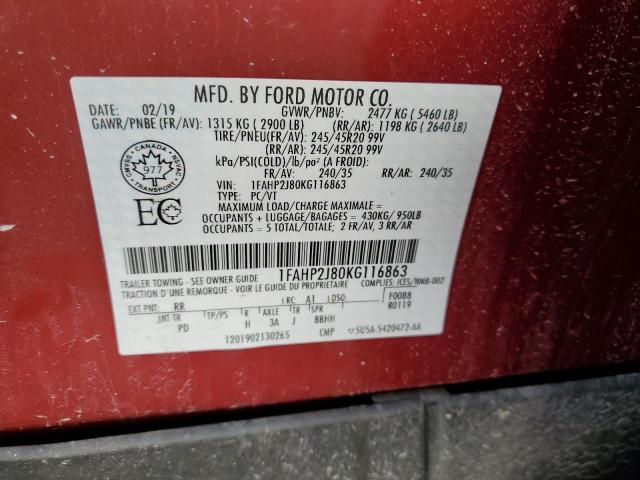 1FAHP2J80KG116863 - 2019 FORD TAURUS LIM RED photo 10