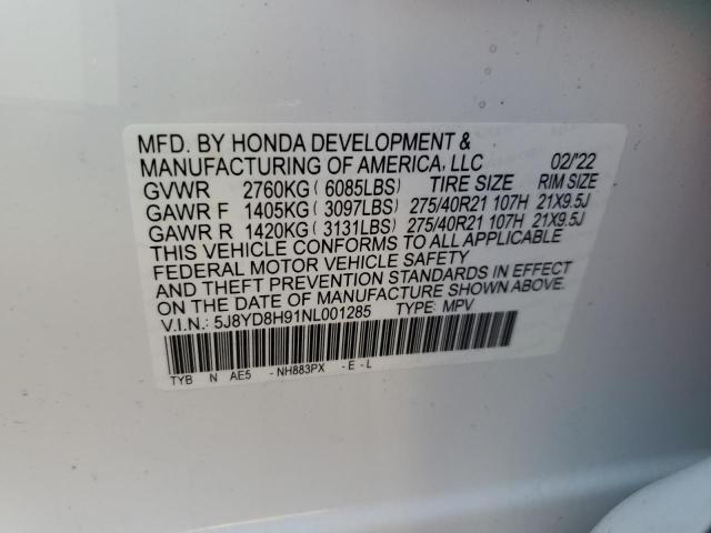 5J8YD8H91NL001285 - 2022 ACURA MDX TYPE S WHITE photo 10