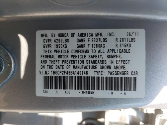 1HGCP2F46BA140146 - 2011 HONDA ACCORD LXP SILVER photo 10