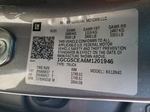 1GCGSCEA6M1201946 - 2021 CHEVROLET COLORADO L GRAY photo 10