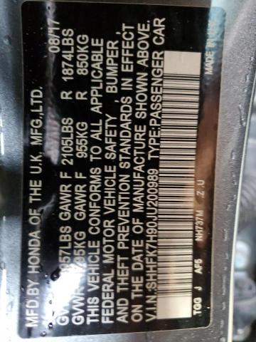 SHHFK7H90JU200989 - 2018 HONDA CIVIC SPOR CHARCOAL photo 10