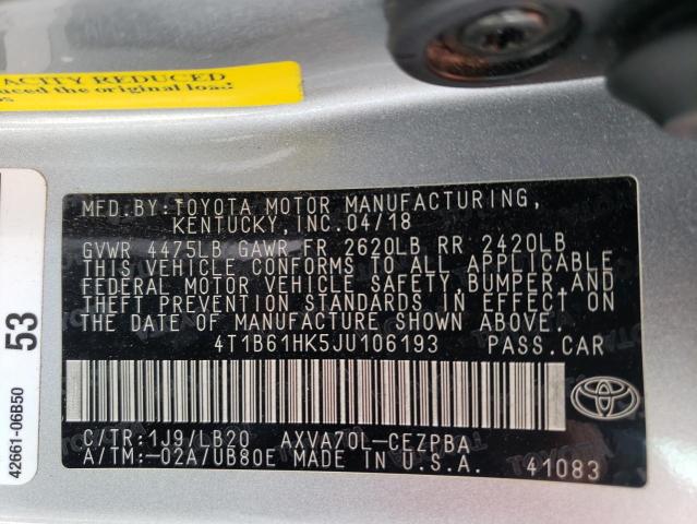 4T1B61HK5JU106193 - 2018 TOYOTA CAMRY XSE SILVER photo 10