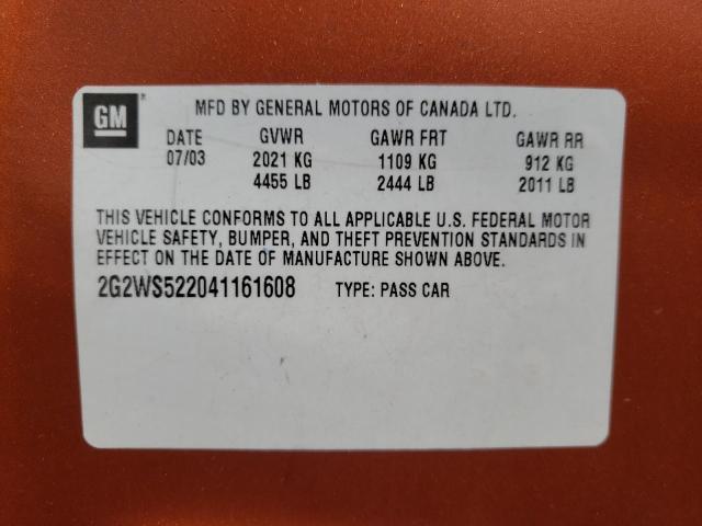 2G2WS522041161608 - 2004 PONTIAC GRAND PRIX ნარინჯისფერი ფოტო 10