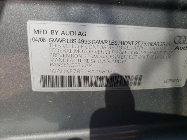 WAUKF78E18A168037 - 2008 AUDI A4 2.0T AV SILVER photo 10