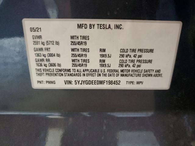 5YJYGDEE0MF198452 - 2021 TESLA MODEL Y رمادي صورة 10