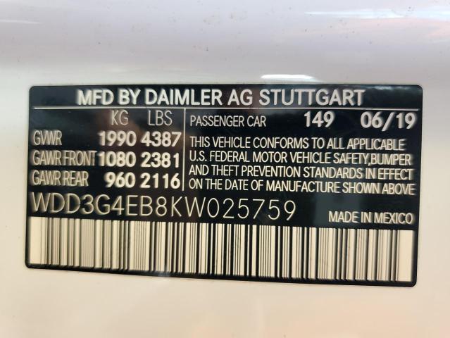 WDD3G4EB8KW025759 - 2019 MERCEDES-BENZ A 220 WHITE photo 10