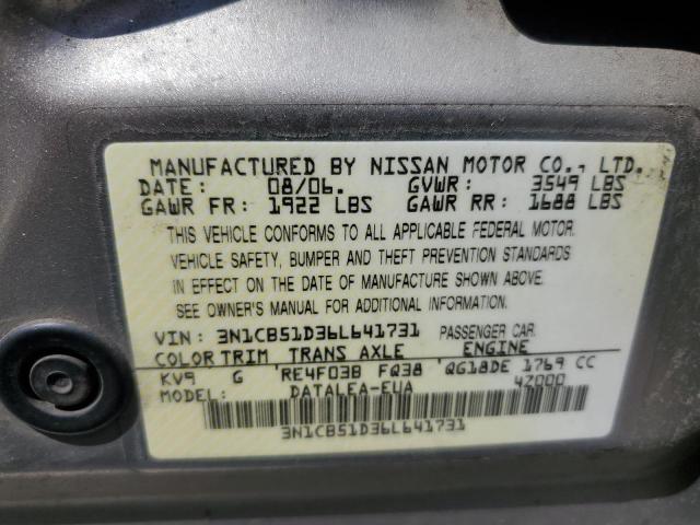 3N1CB51D36L641731 - 2006 NISSAN SENTRA 1.8 SILVER photo 10