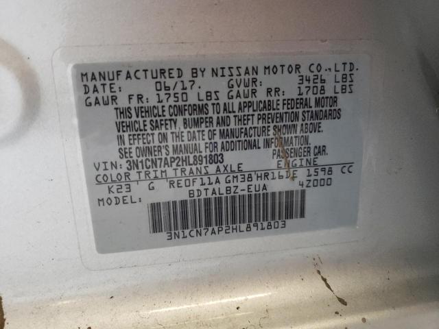 3N1CN7AP2HL891803 - 2017 NISSAN VERSA S SILVER photo 10