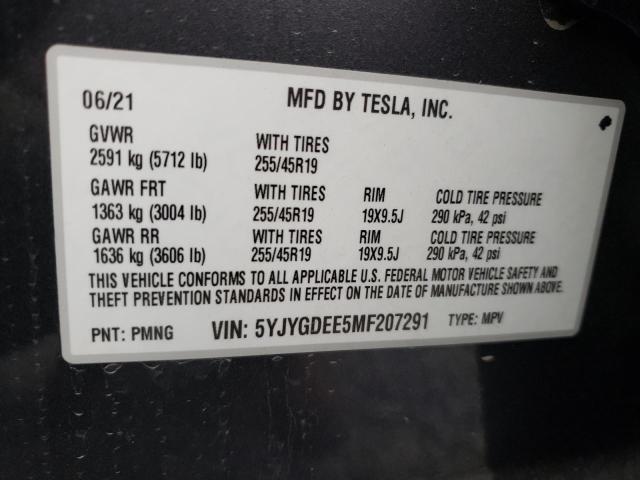 5YJYGDEE5MF207291 - 2021 TESLA MODEL Y CHARCOAL photo 10