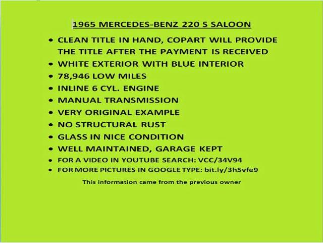 11101210156288 - 1965 MERCEDES-BENZ 220 S WHITE photo 9