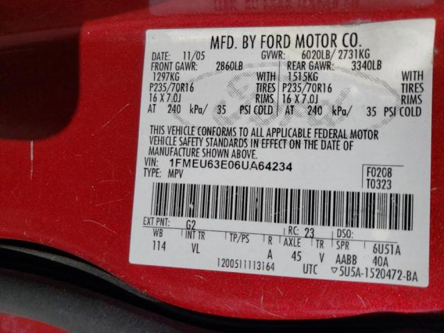 1FMEU63E06UA64234 - 2006 FORD EXPLORER MAROON photo 10