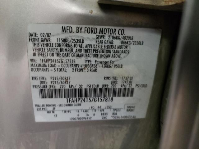 1FAHP24157G157818 - 2007 FORD FIVE HUNDR SILVER photo 10