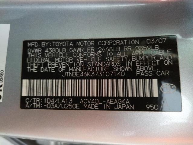 JTNBE46K373107140 - 2007 TOYOTA CAMRY CE SILVER photo 10