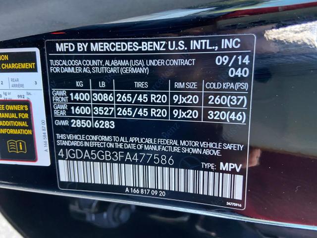 4JGDA5GB3FA477586 - 2015 MERCEDES-BENZ ML 400 4MA BLACK photo 10