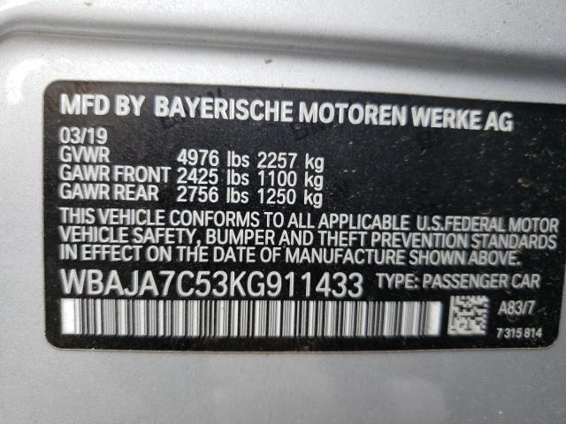 WBAJA7C53KG911433 - 2019 BMW 530 XI SILVER photo 10