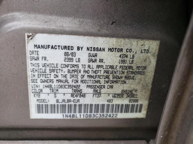 1N4BL11D83C352422 - 2003 NISSAN ALTIMA SE BEIGE photo 10