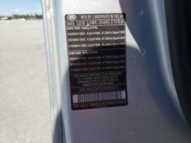 SALAK2D43BA565873 - 2011 LAND ROVER LR4 HSE LU SILVER photo 10